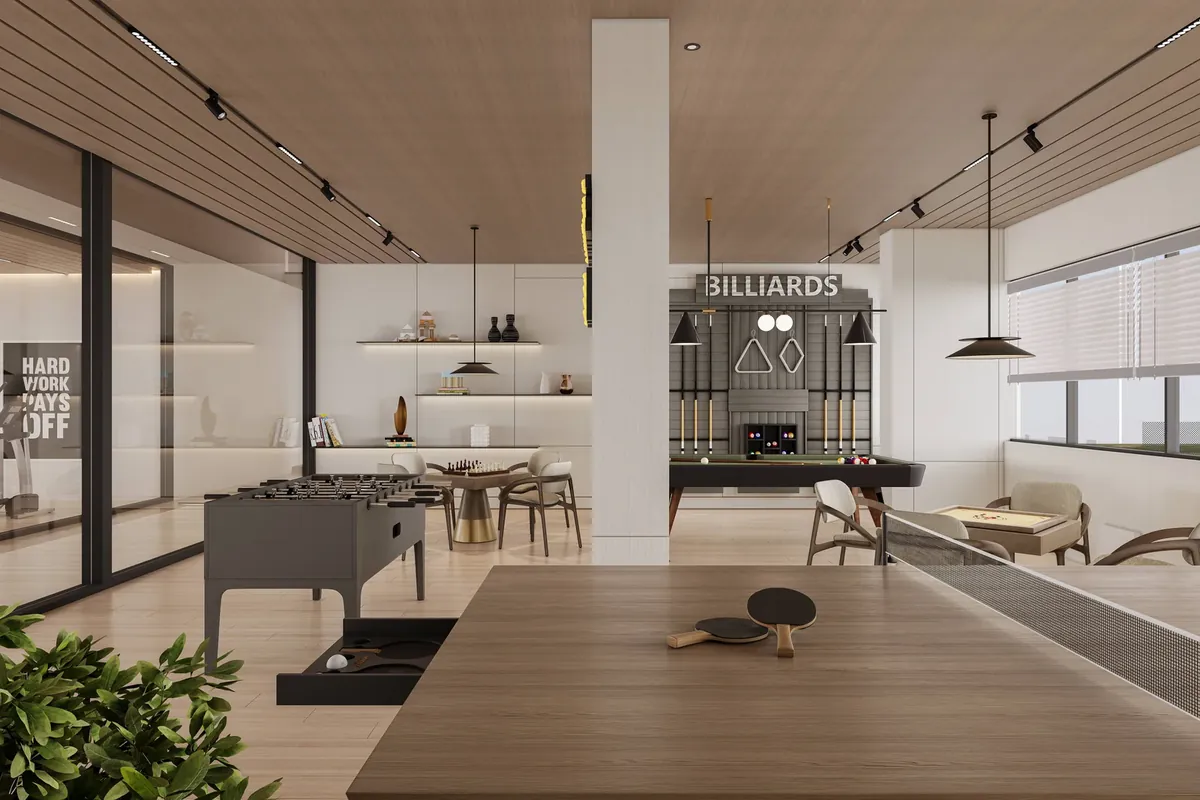 Indoor games room with billiards, foosball and table tennis
