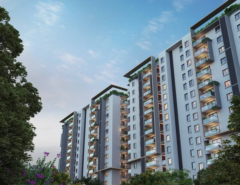 Facade showing corner balconies on every unit