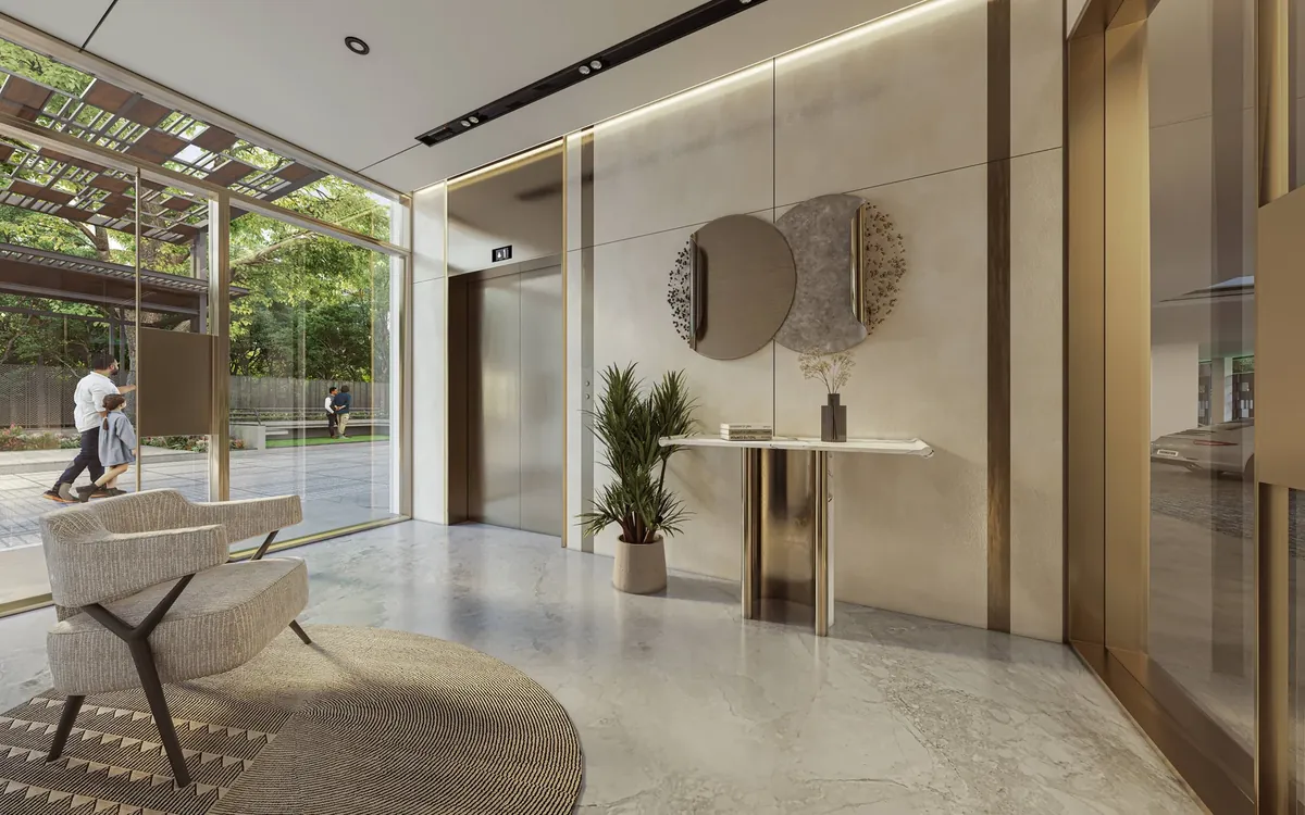 Private lift lobby opening onto landscaped grounds